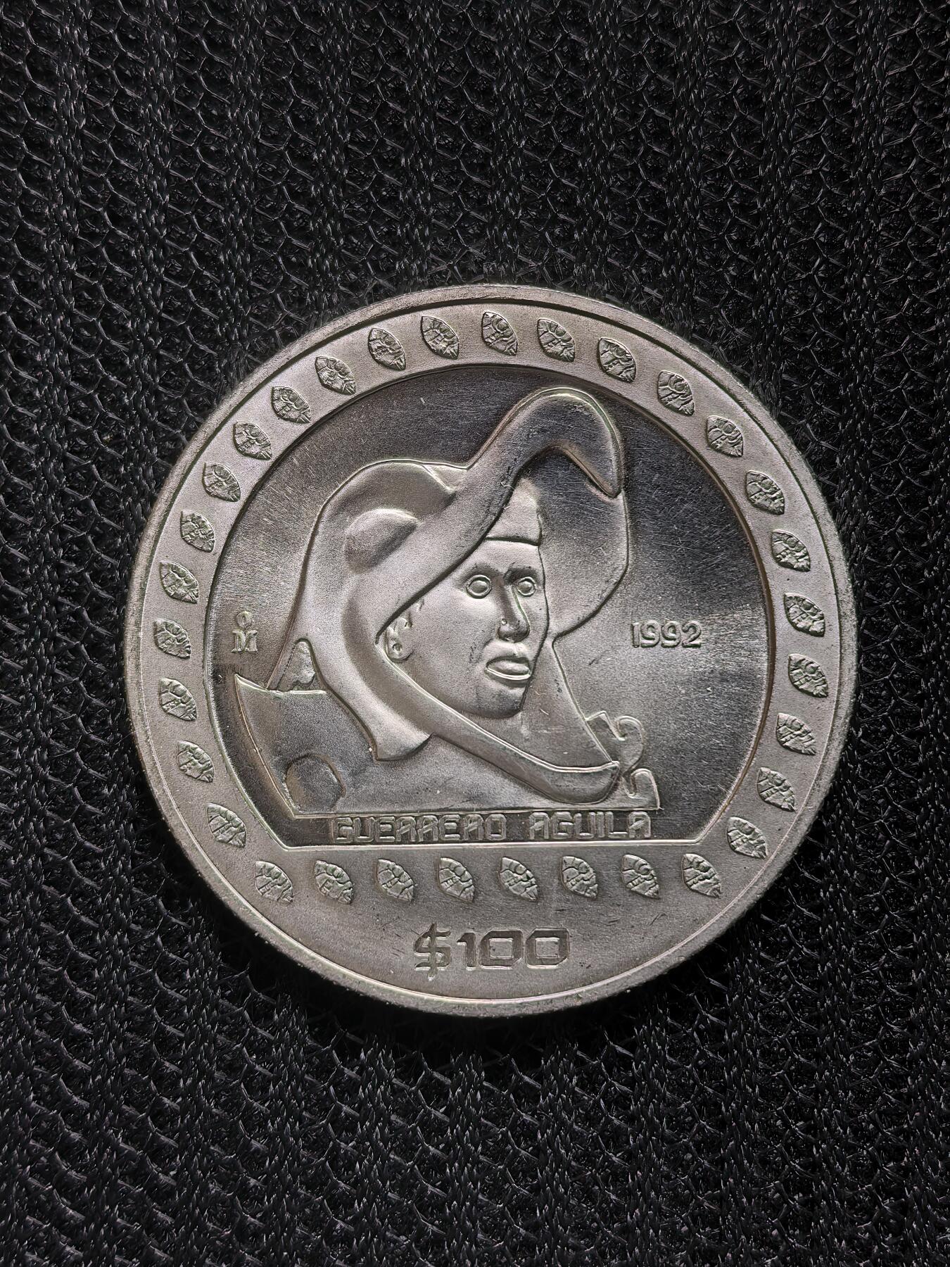 道一币馆币章第一百六十八场 墨西哥1992年美洲历史系列-鹰头武士100比索纪念银币 31.1g 999S