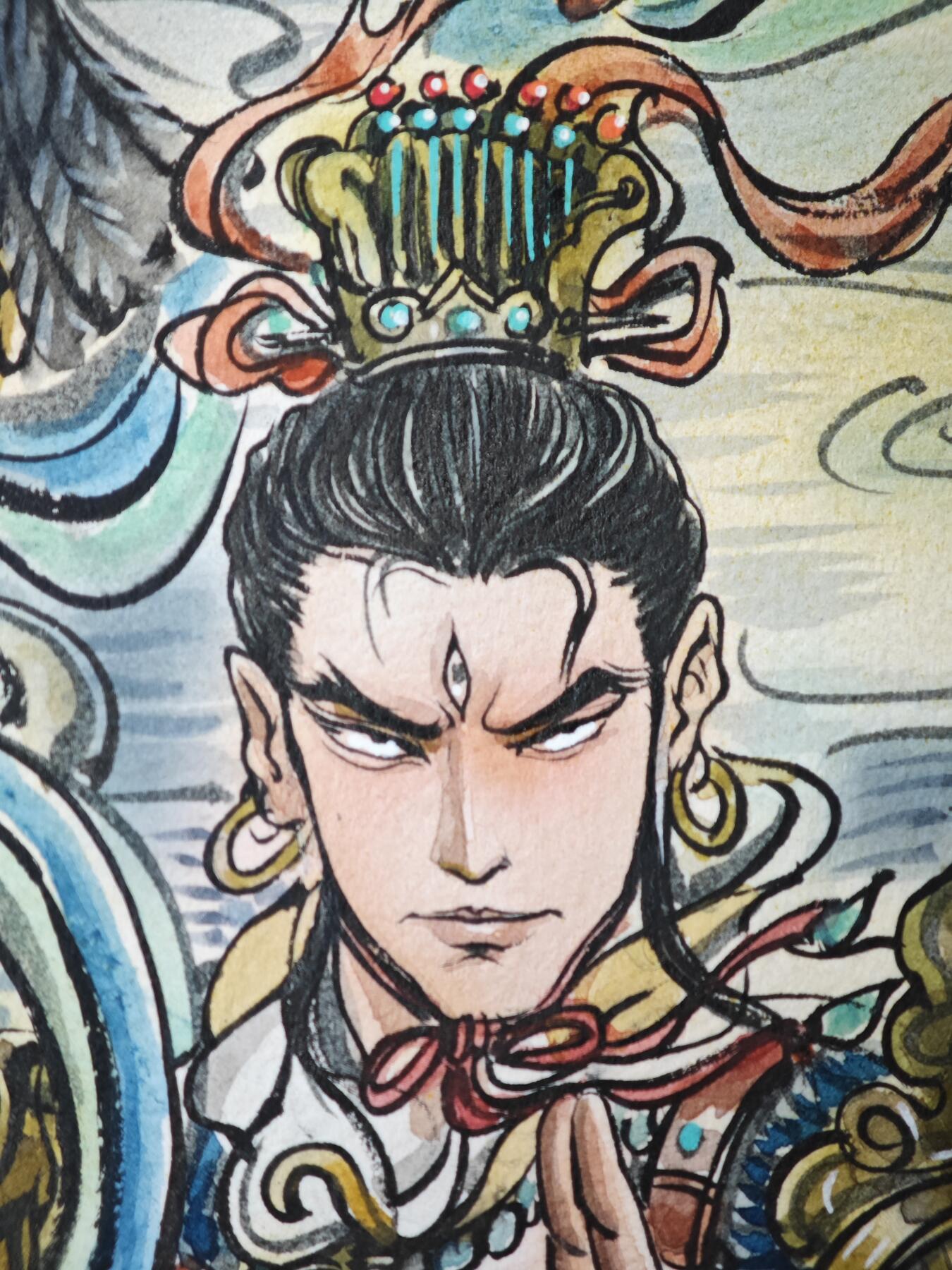 白泽拍卖卡牌手绘专场第33期（去岁千般皆如愿 今年万事定称心） 2025 梓墨手绘画 二郎神 尺寸：26.6cm*38.6cm  梓墨钤印