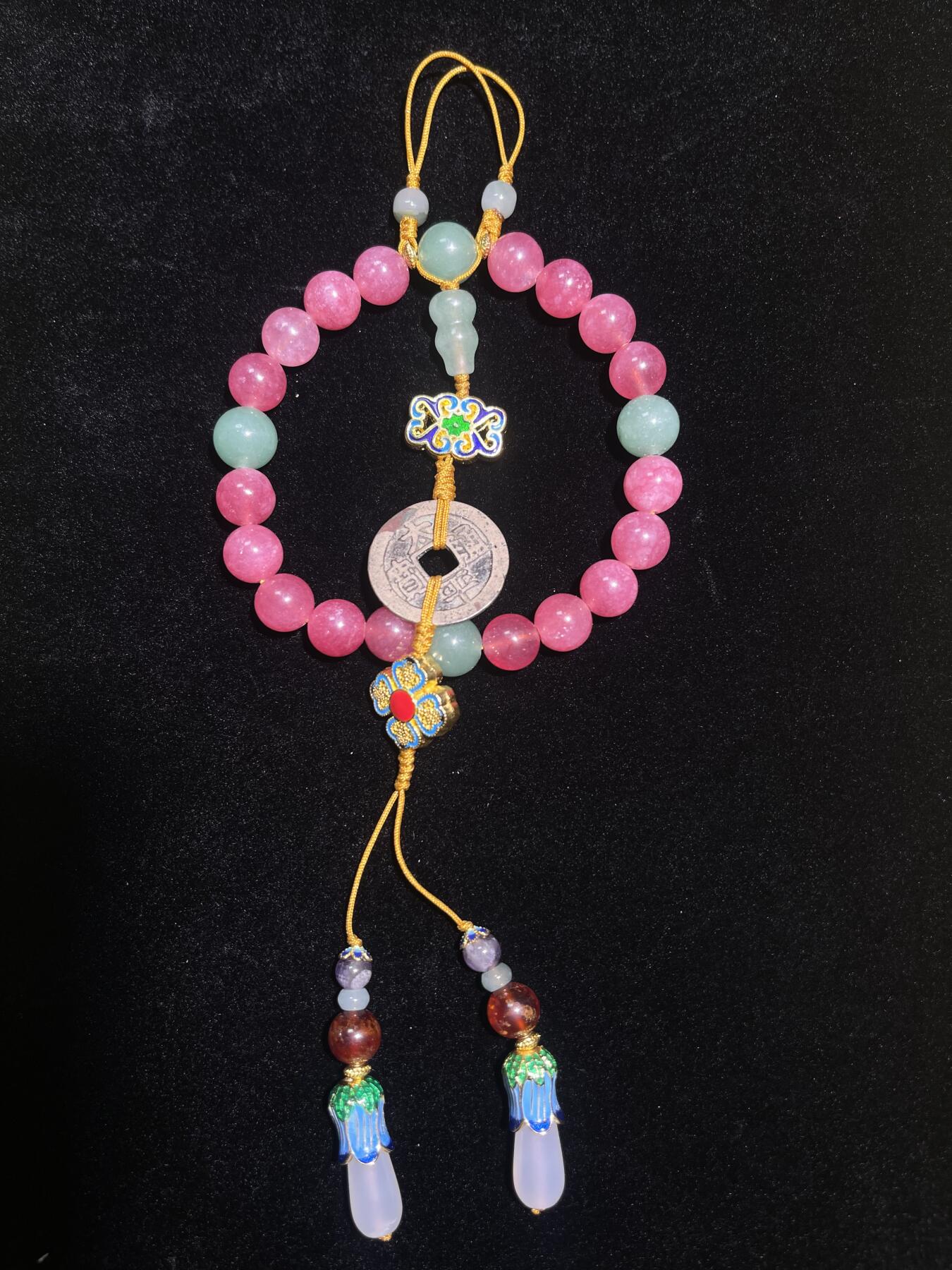 古钱币十八子手持粉碧玺玉髓手串