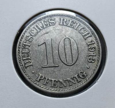 外国优质老铜币银币苏联纪念章，每周六晚九点倒数截拍，满百包邮可寄存，持续收拍 - 德意志帝国1913年10芬尼A版，由德累斯顿造币厂铸造。币面 “DEUTSCHES REICH” 与帝国鹰徽，属 1871 年统一后德国金马克体系，流通至一战后魏玛共和国时期。