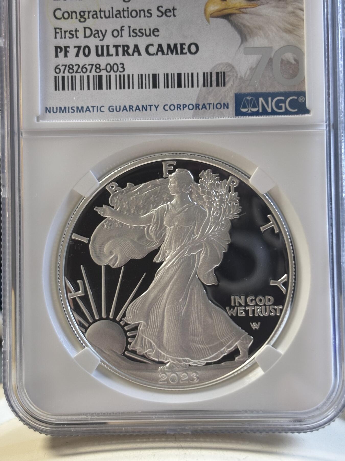 第192期拍卖 美国2023年鹰洋1盎司行走女神精制纪念银币NGC-PF70首，1盎司，999银，