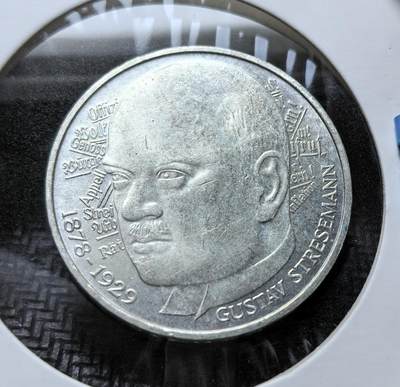 外国优质老铜币银币苏联纪念章，每周六晚九点倒数截拍，满百包邮可寄存，持续收拍 - 西德1978 年5 马克纪念银币11.2克625银纯银价150元，以纪念政治家斯特莱斯曼诞辰百年。他曾获诺贝尔和平奖，币缘刻 “以和平与谅解制胜”，是德国经典和平主题纪念币。