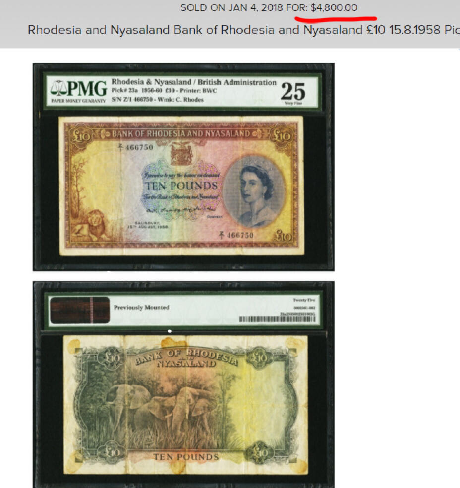  【Blue Auction】世界纸币精拍第791期——18级TOP拍卖/信誉/品质/专业/高效💫 【Z/1冠66尾无47 珍品】罗德西亚和尼亚萨兰 1957年10镑 大冠女王 该套最高值 BWC雕刻 此钞堪称英联邦钞票中最具名气的一款，其高昂面额、珍罕程度及华美设计造就了非凡魅力。从最微小的正面狮子细节到背面的大幅象群雕刻，都可一窥充满非洲特色的巧思和构图。该张没有全新存世，任何品相都非常珍罕，本张状态佳不影响欣赏性价比极高，凑套常缺此张，机会难得（8年前一张非常烂的同分都拍了4800美金）
