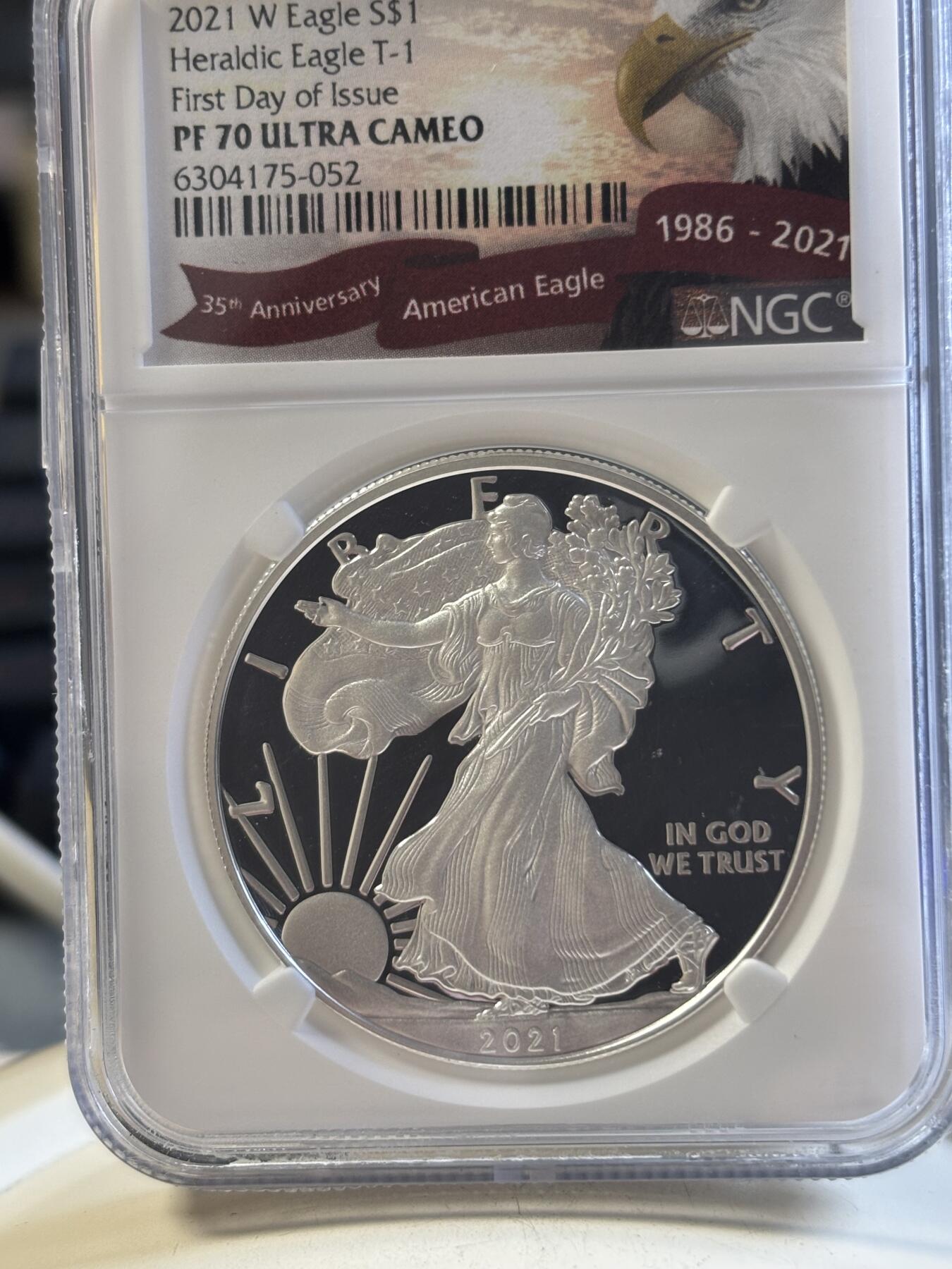 第192期拍卖 美国2021年鹰洋1盎司行走女神精制纪念银币NGC-PF70首，1盎司，999银，