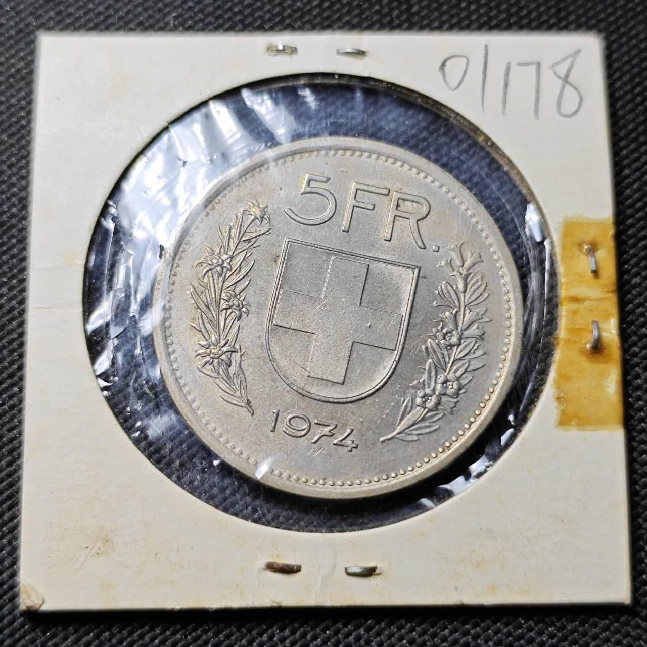 KK钱币收藏小铺   第401期 2月预留时间 周末发货  1974瑞士5法郎