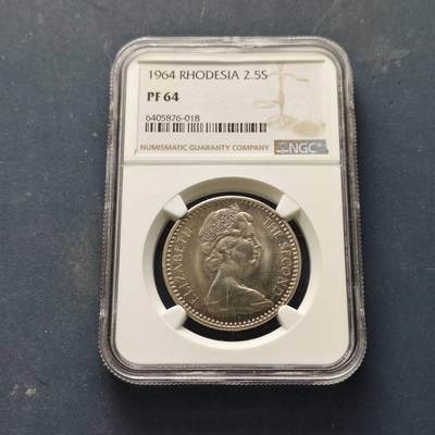 【全场包邮】纯粹捡漏拍509场 - 【收藏级·稀少】英属罗德西亚1964年女王25分/2先令6便士双面值精制币-量2080-NGC PF64