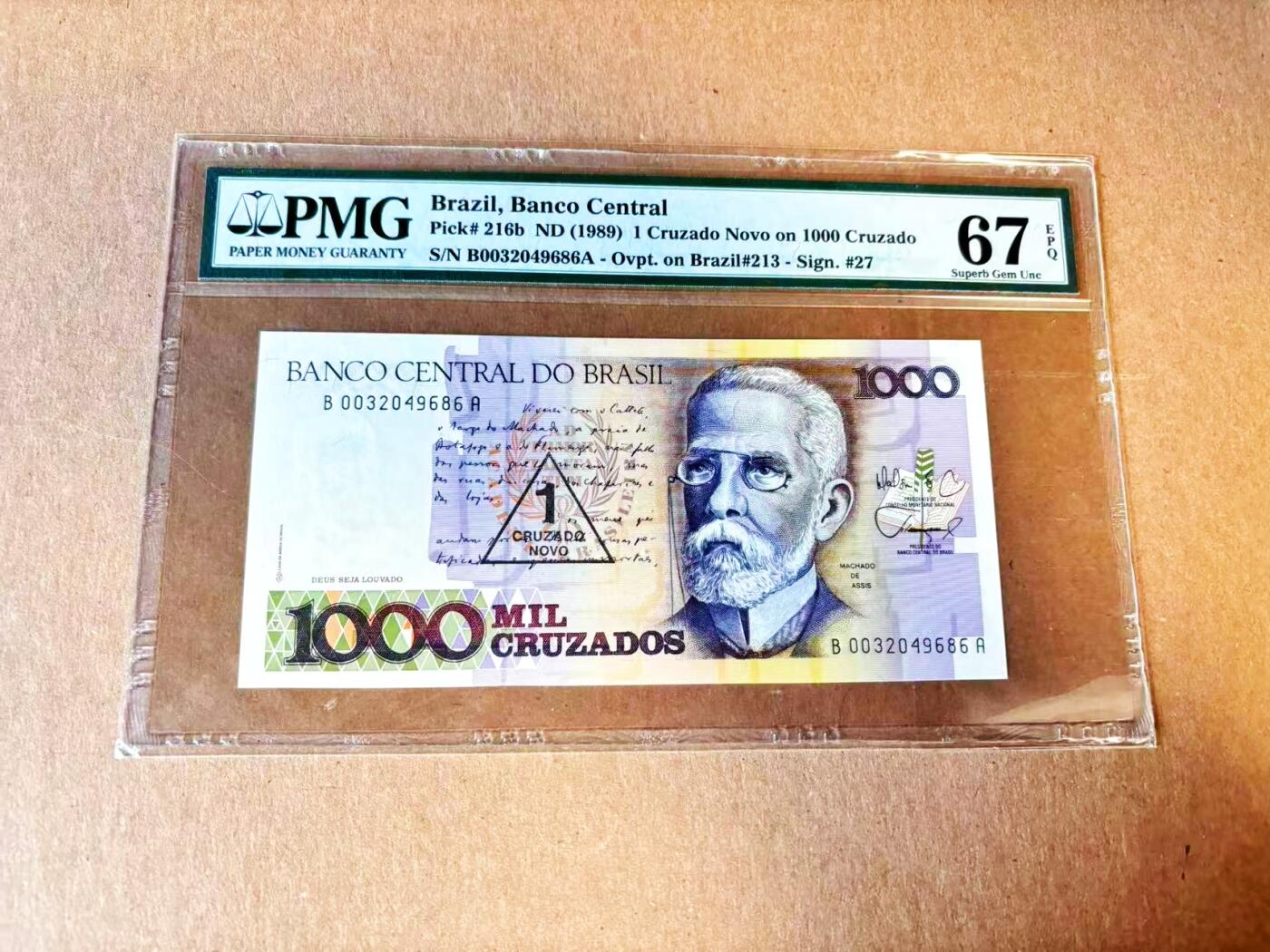  【Blue Auction】世界纸币精拍第791期——18级TOP拍卖/信誉/品质/专业/高效💫 巴西 1989年1克鲁塞罗加盖 PMG67EPQ 