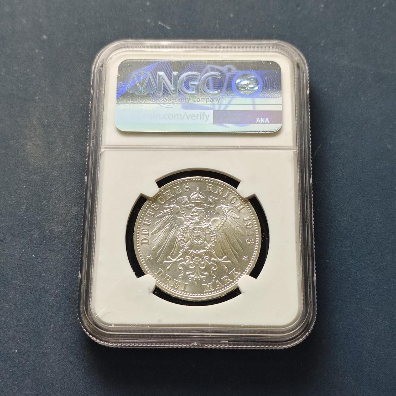 【全场包邮】纯粹捡漏拍509场 德国萨克森1913年5马克莱比锡建功碑纪念银币-NGC UNC DETAILS