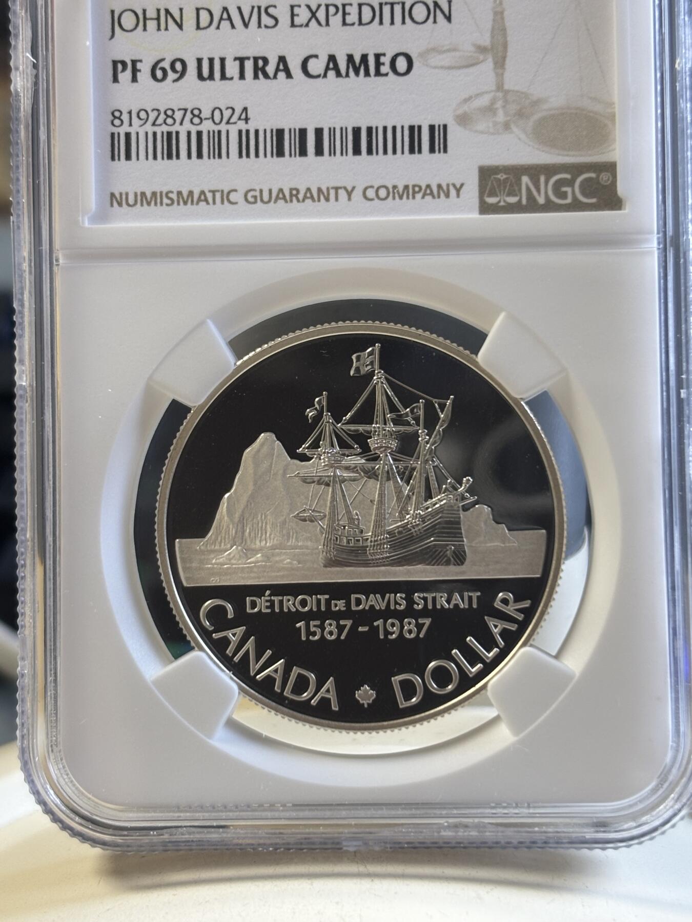 第192期拍卖 获奖币 加拿大1987年戴维斯海峡发现400周年纪念银币 NGC-PF69,500银，23.3276克，1988年克劳斯最佳银币
