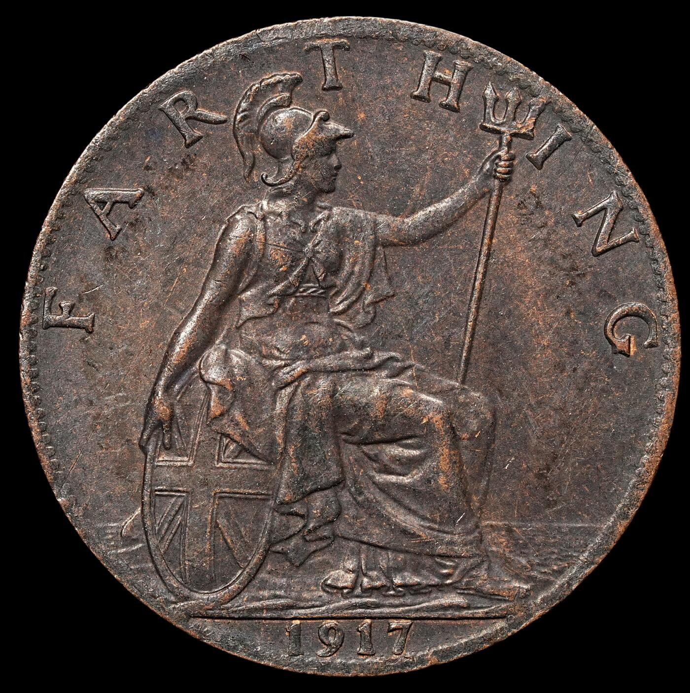 修遠堂世界钱币第106期，请看参拍说明 1917年英国1法新铜币，造币厂熏黑，未流通