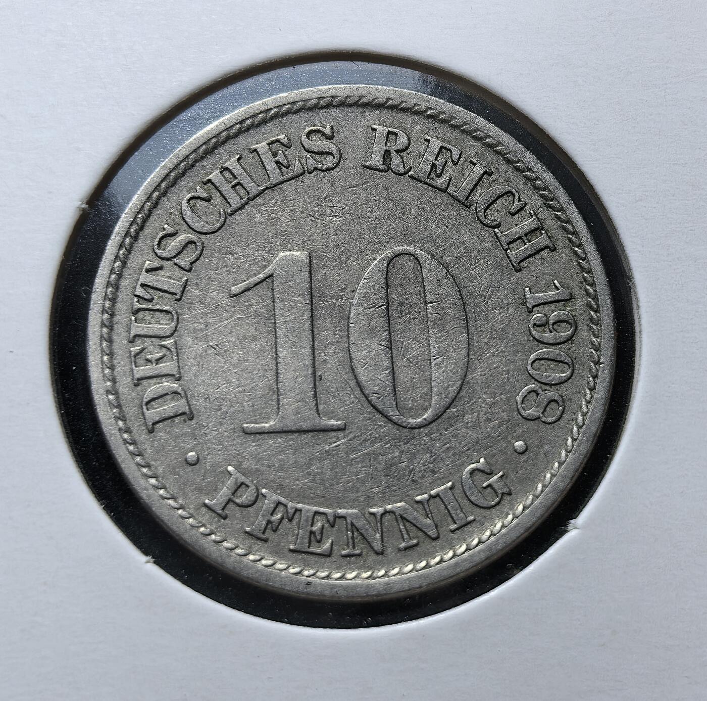 外国优质老铜币银币苏联纪念章，每周六晚九点倒数截拍，满百包邮可寄存，持续收拍 德意志帝国1908年10芬尼F版，属威廉二世时期流通辅币，由柏林铸币厂铸造。正面为面值与国名，背面是帝国鹰徽，见证了第二帝国工业化与殖民扩张阶段的货币体系