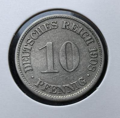 外国优质老铜币银币苏联纪念章，每周六晚九点倒数截拍，满百包邮可寄存，持续收拍 - 德意志帝国1908年10芬尼F版，属威廉二世时期流通辅币，由柏林铸币厂铸造。正面为面值与国名，背面是帝国鹰徽，见证了第二帝国工业化与殖民扩张阶段的货币体系