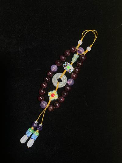 古钱币十八子手持石榴石手串-周元通宝 - 古钱币十八子手持石榴石手串-周元通宝