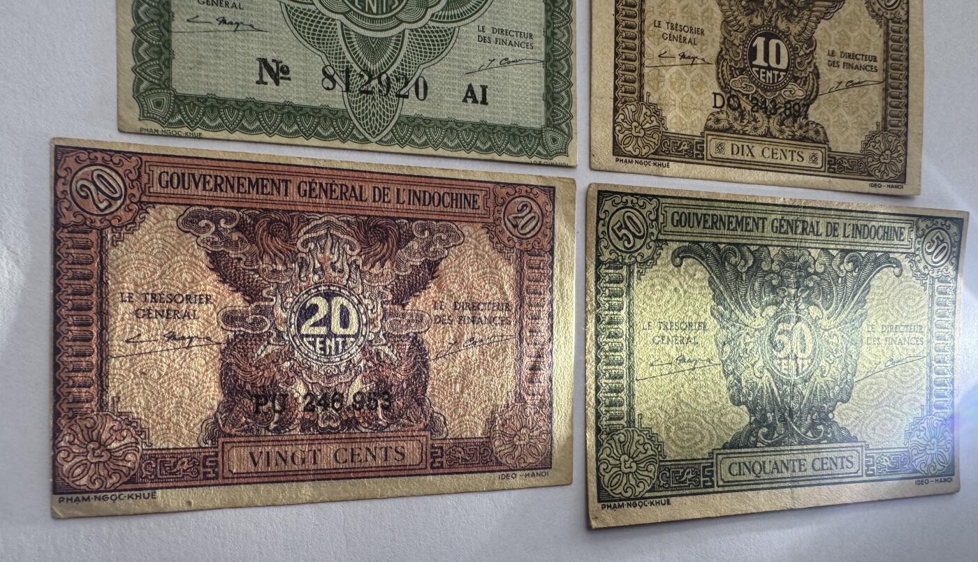 2026第4场（总第231期）：精品测试钞、外钞综合场  法属印度支那/越南1942年版伍仙、壹毛、贰毛、五毛一组4枚（品如图）
