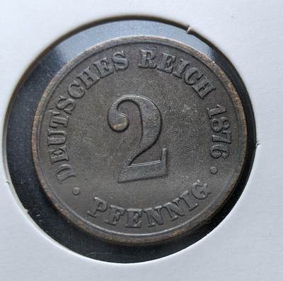 外国优质老铜币银币苏联纪念章，每周六晚九点倒数截拍，满百包邮可寄存，持续收拍 - 德意志帝国1876年2芬尼B版，发行于威廉一世统治时期，是德国统一后首批标准化辅币。币面铸帝国鹰徽，见证德意志帝国初期货币统一进程与工业化起步阶段的经济历史。
