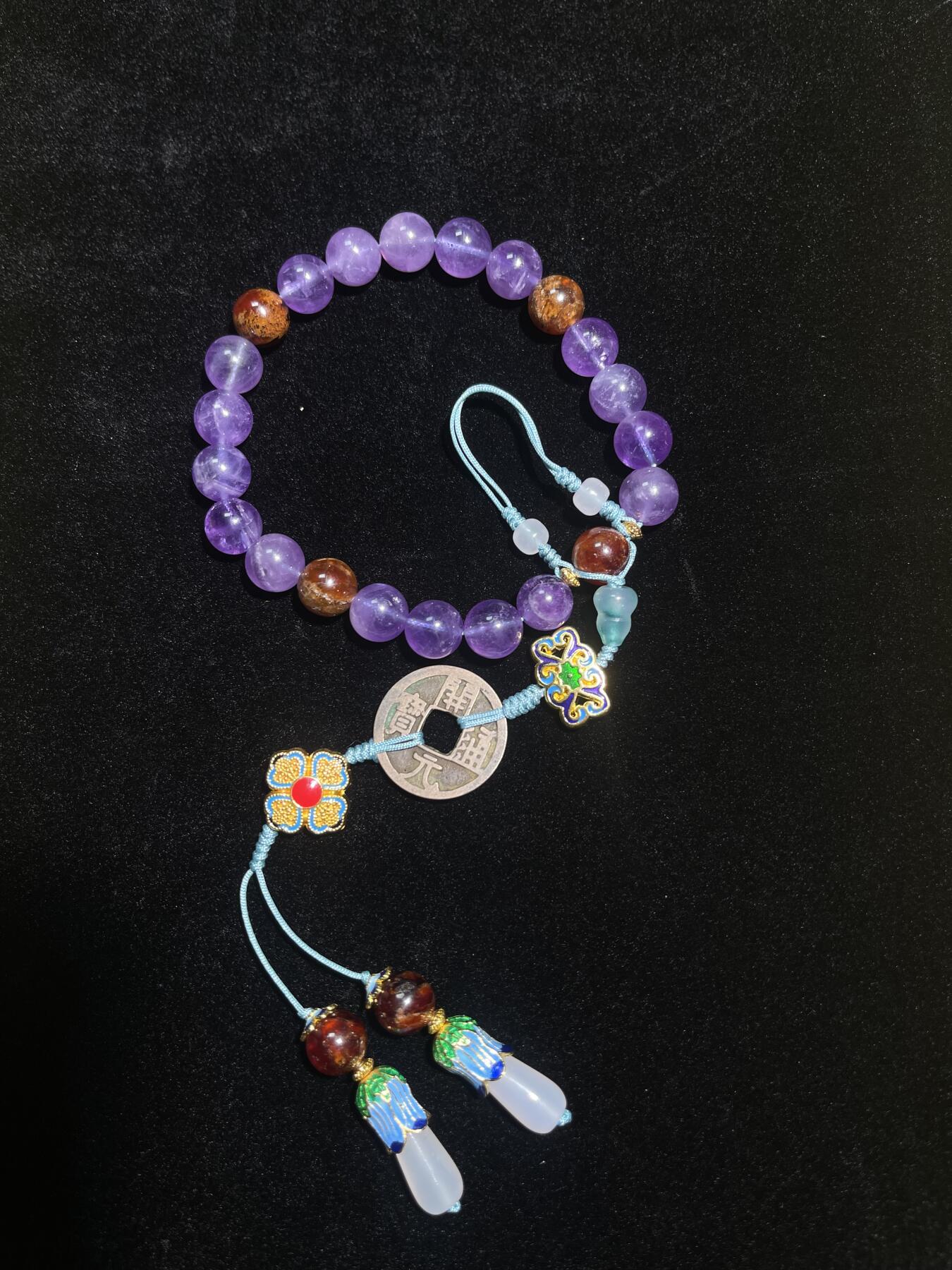 古钱币十八子念珠紫水晶手串-开元通宝