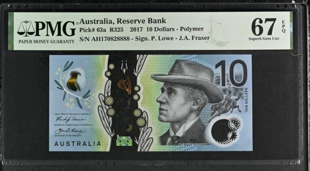 豹子号888狮子号8888，澳大利亚2017年10元塑料钞，pmg67全程无3457