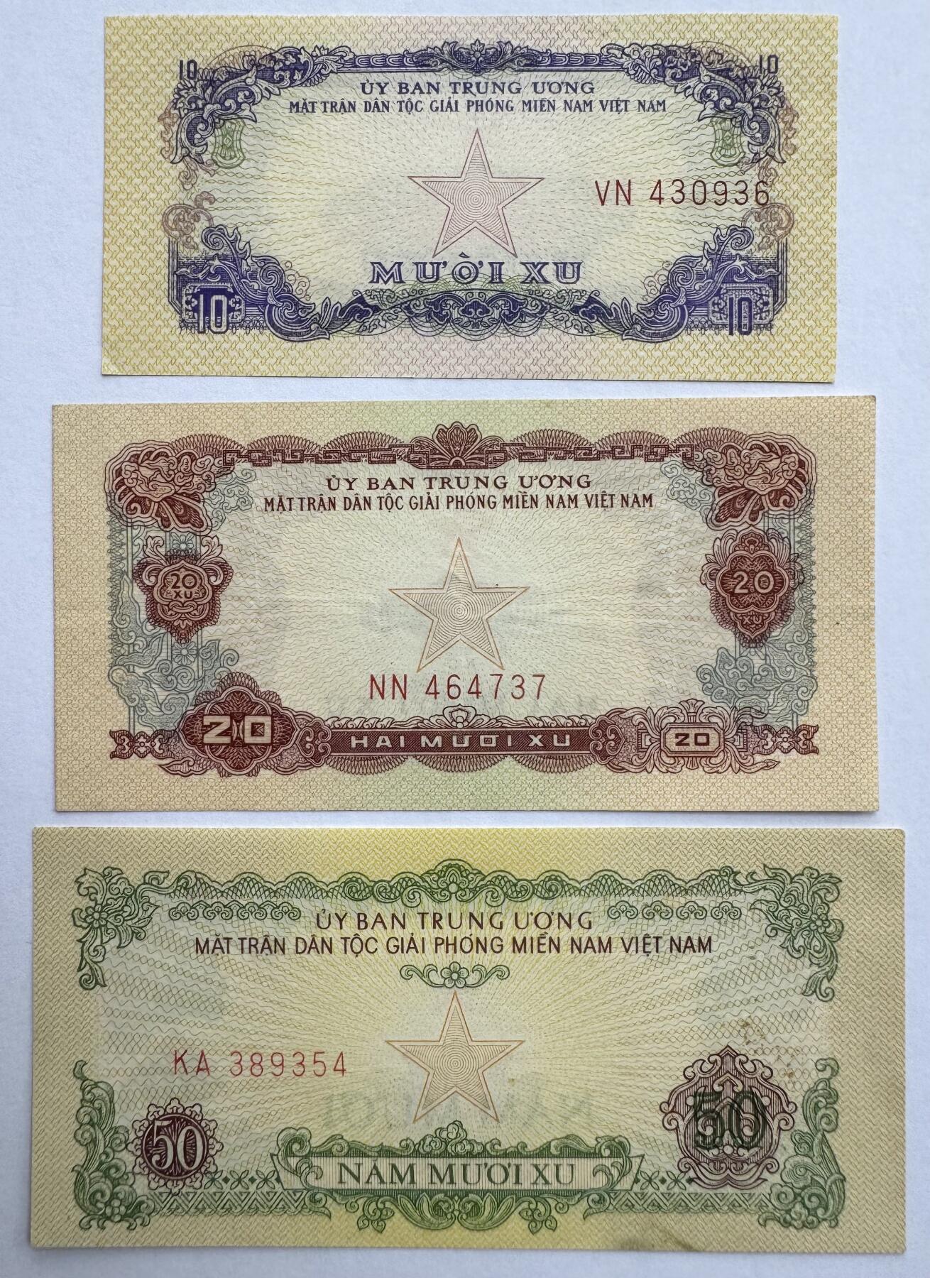 2026第4场（总第231期）：精品测试钞、外钞综合场  中国代印未发行/越南/南越解放民族阵线1963年版10、20、50仙一组三枚（好品如图）
