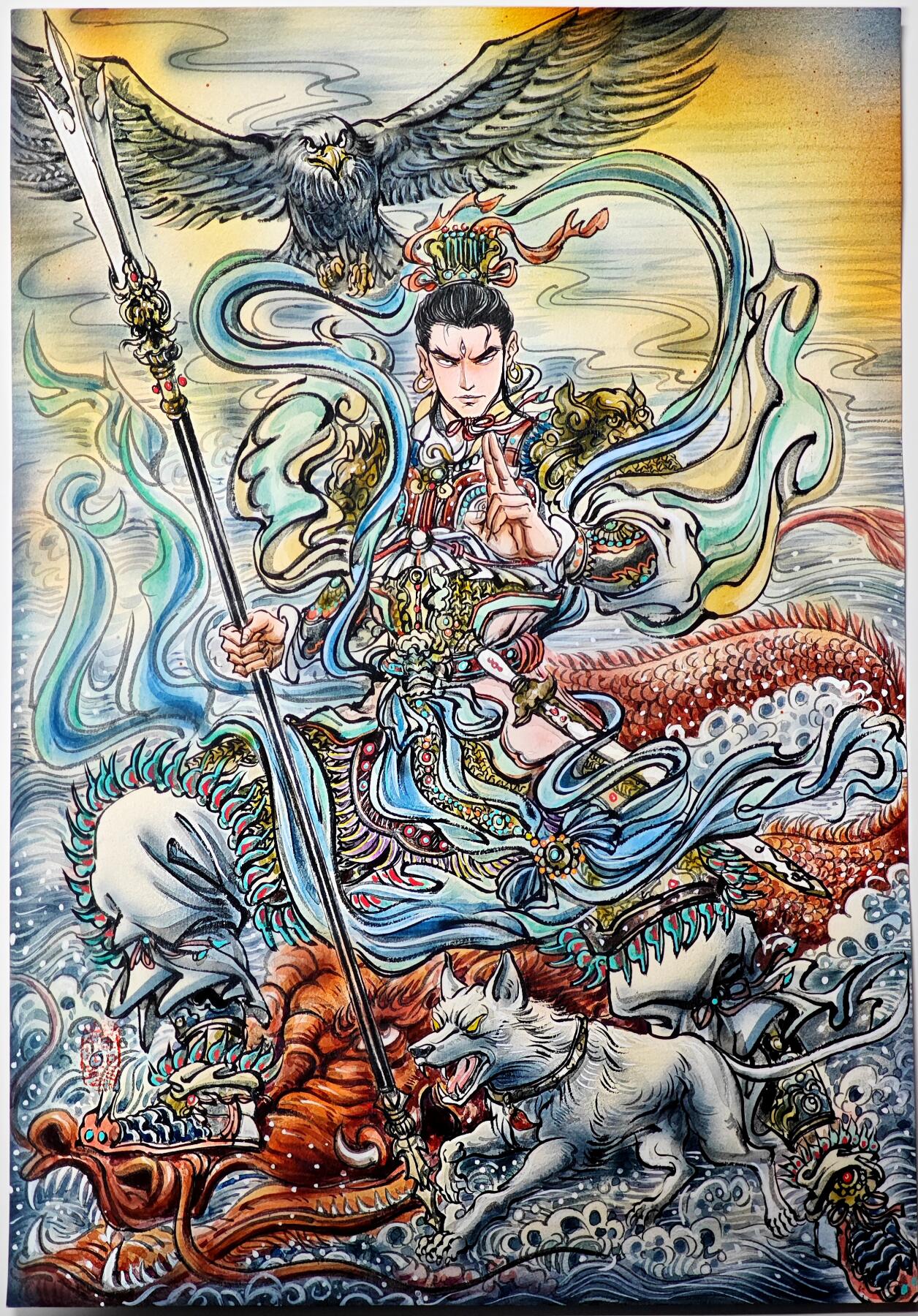 白泽拍卖卡牌手绘专场第33期（去岁千般皆如愿 今年万事定称心） 2025 梓墨手绘画 二郎神 尺寸：26.6cm*38.6cm  梓墨钤印