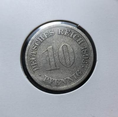外国优质老铜币银币苏联纪念章，每周六晚九点倒数截拍，满百包邮可寄存，持续收拍 - 德意志帝国1893年10芬尼G版，属威廉二世时期流通辅币，由柏林铸币厂铸造。正面为面值与国名，背面是帝国鹰徽，见证了第二帝国工业化与殖民扩张阶段的货币体系