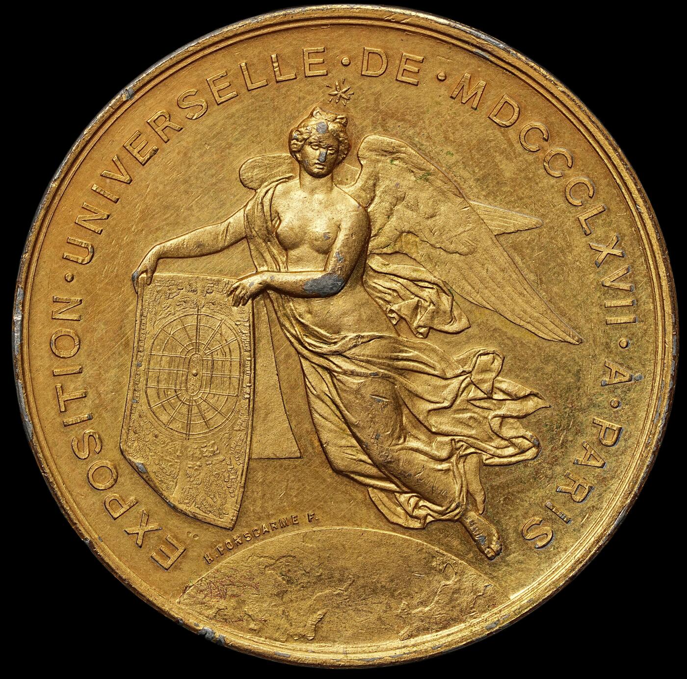 修遠堂世界钱币第106期，请看参拍说明 1867年巴黎世界博览会的鎏金纪念章，50.55mm，48.73g