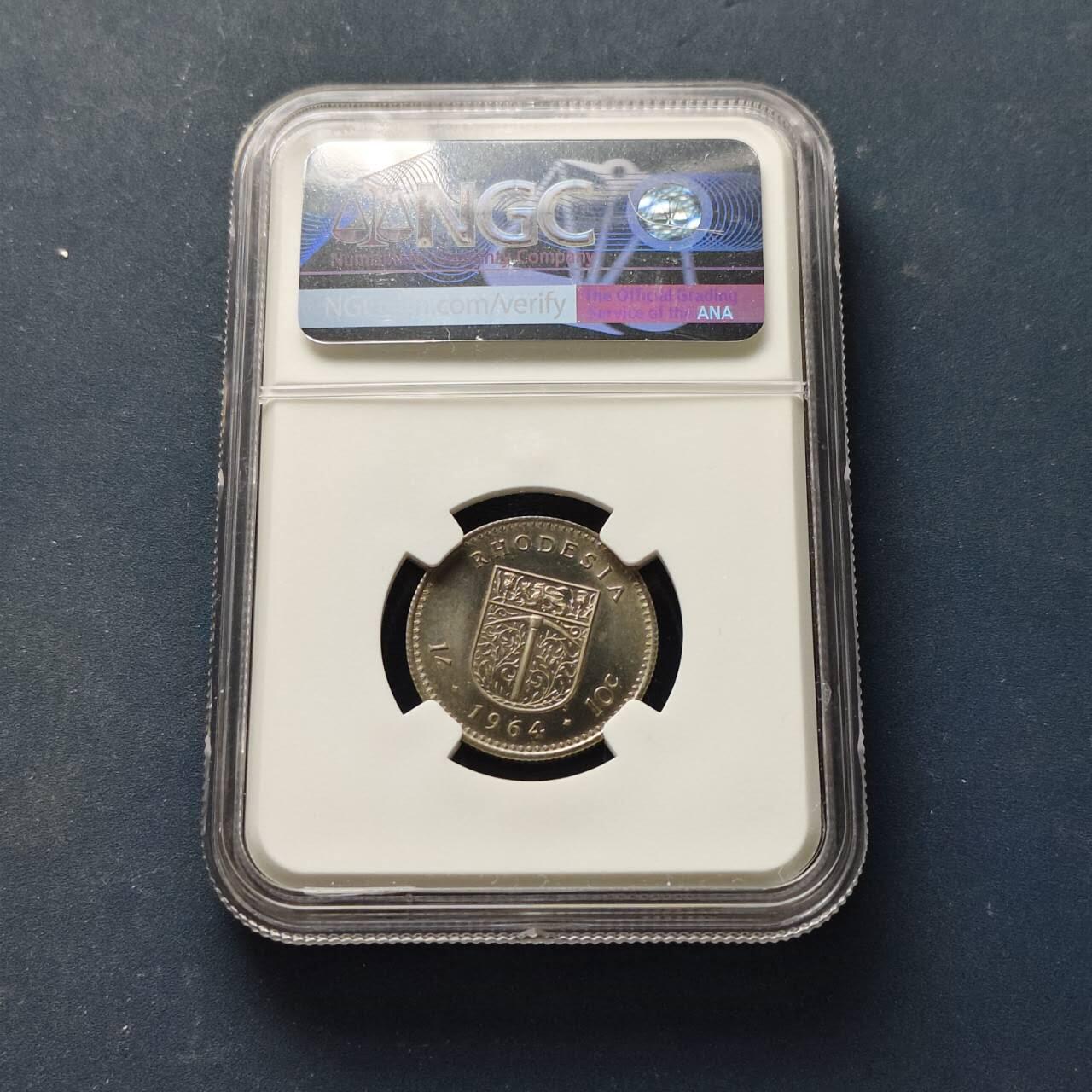 【全场包邮】纯粹捡漏拍509场 【收藏级】英属罗德西亚1964年女王10分/1先令6便士双面值精制币-量2080-NGC PF65（更高分18枚，最高分67）