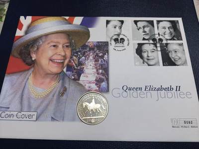 长老汇马年精选第七场拍卖 - 2002英国女王在位50周年5英镑精制银币邮币封，28.28克925银，皮包装，2000套