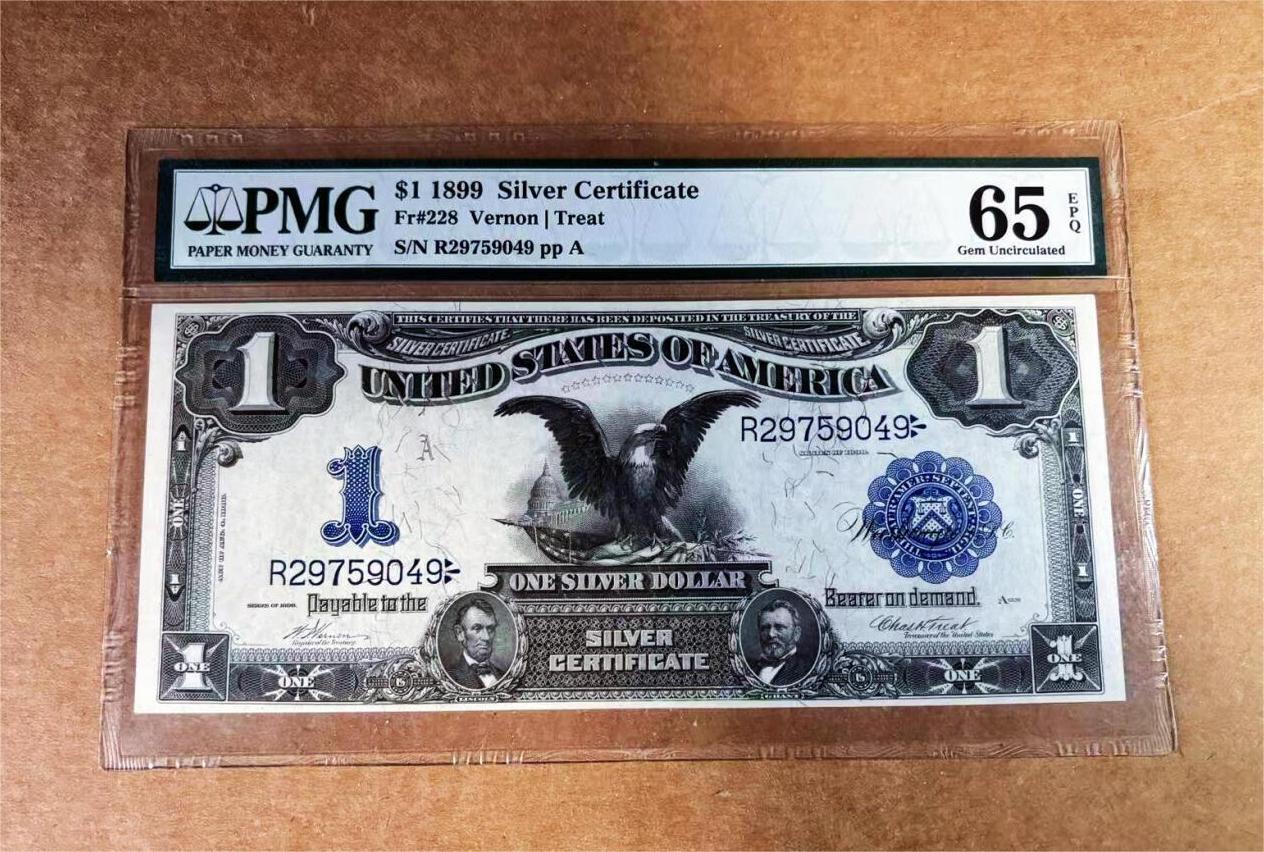  【Blue Auction】世界纸币精拍第791期——18级TOP拍卖/信誉/品质/专业/高效💫 美国 1899年1美金 大黑鹰 林肯和格兰特将军肖像 大票幅 PMG65EPQ 绝品（老壳子有自然磨损）