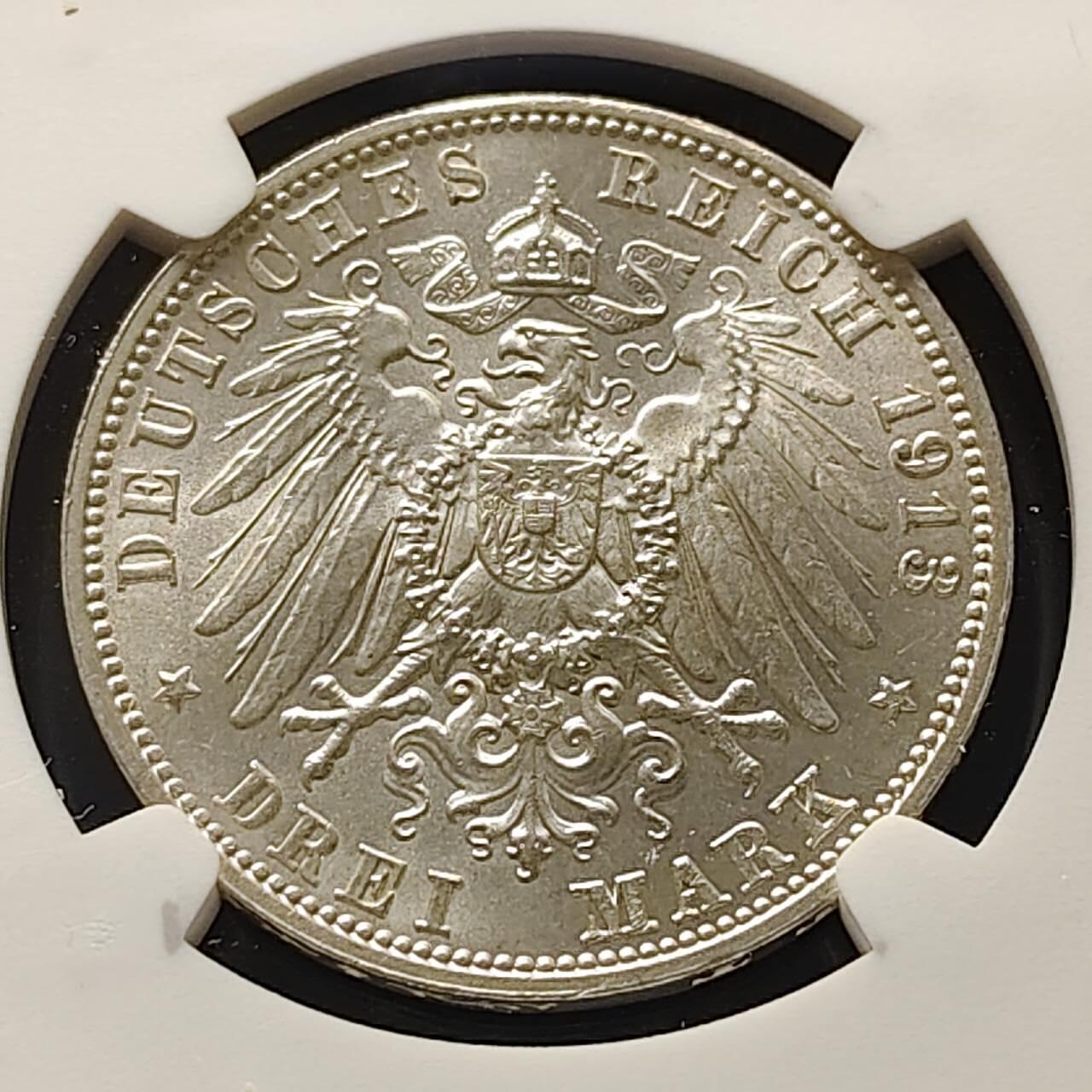 【全场包邮】纯粹捡漏拍509场 德国萨克森1913年5马克莱比锡建功碑纪念银币-NGC UNC DETAILS