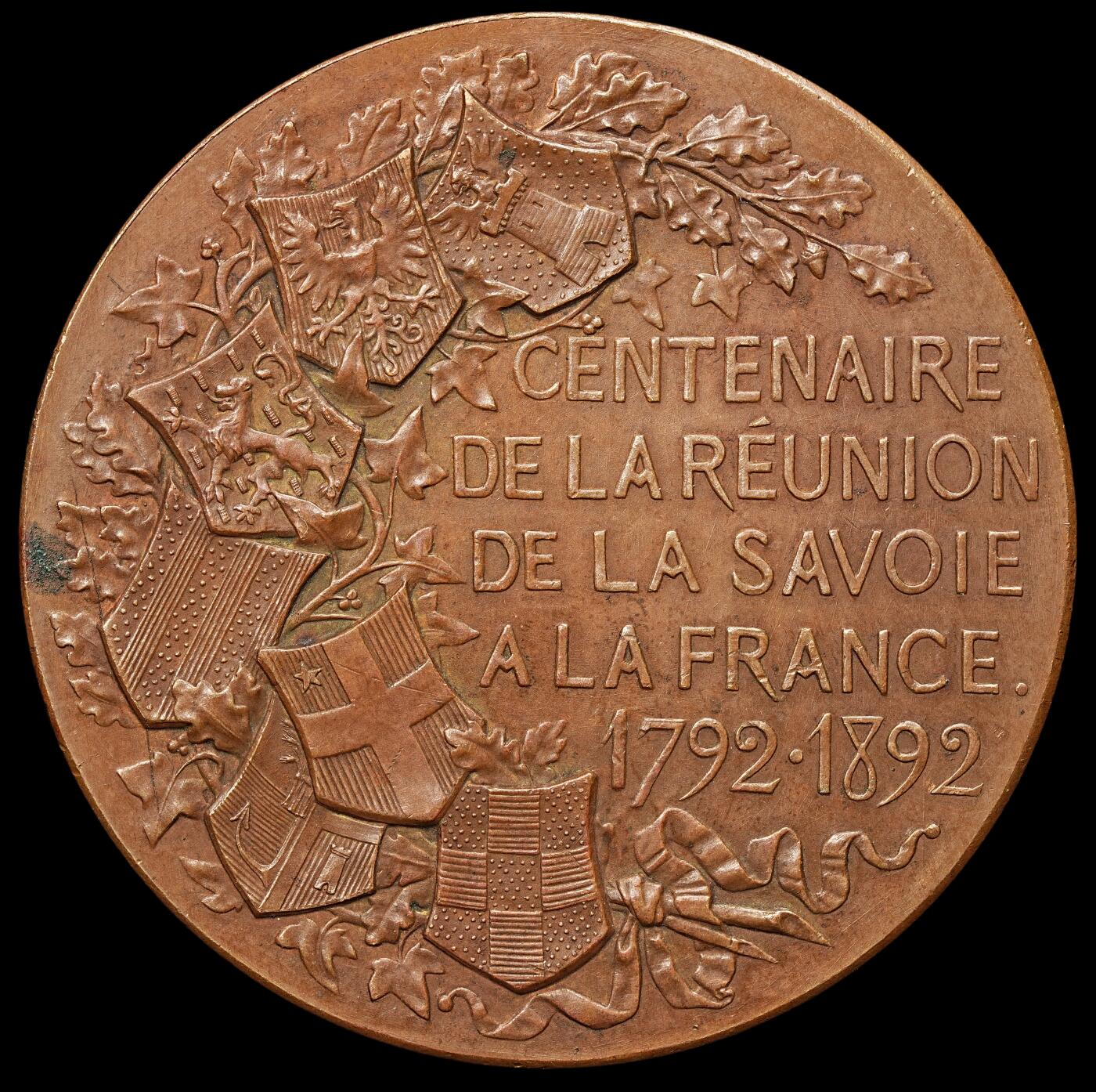 修遠堂世界钱币第106期，请看参拍说明 1892年萨伏依并入法国百年纪念大铜章，50.36mm，60.77g