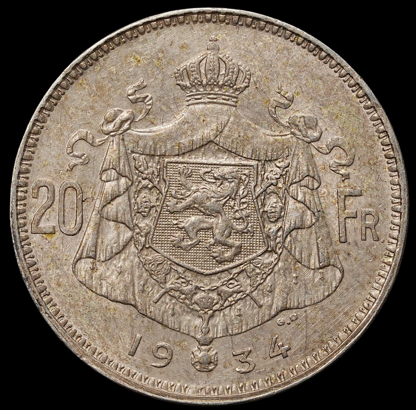 修遠堂世界钱币第106期，请看参拍说明 1934年比利时20法郎银币，11.00g，含银68%