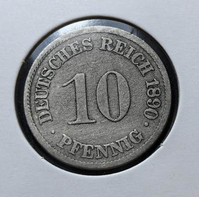 外国优质老铜币银币苏联纪念章，每周六晚九点倒数截拍，满百包邮可寄存，持续收拍 - 德意志帝国1890年10芬尼J版，属威廉二世时期流通辅币，由柏林铸币厂铸造。正面为面值与国名，背面是帝国鹰徽，见证了第二帝国工业化与殖民扩张阶段的货币体系