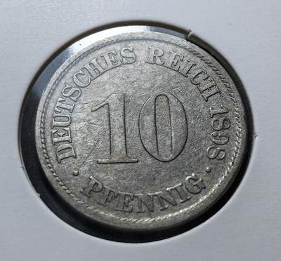 外国优质老铜币银币苏联纪念章，每周六晚九点倒数截拍，满百包邮可寄存，持续收拍 - 德意志帝国1898年10芬尼A版，属威廉二世时期流通辅币，由柏林铸币厂铸造。正面为面值与国名，背面是帝国鹰徽，见证了第二帝国工业化与殖民扩张阶段的货币体系