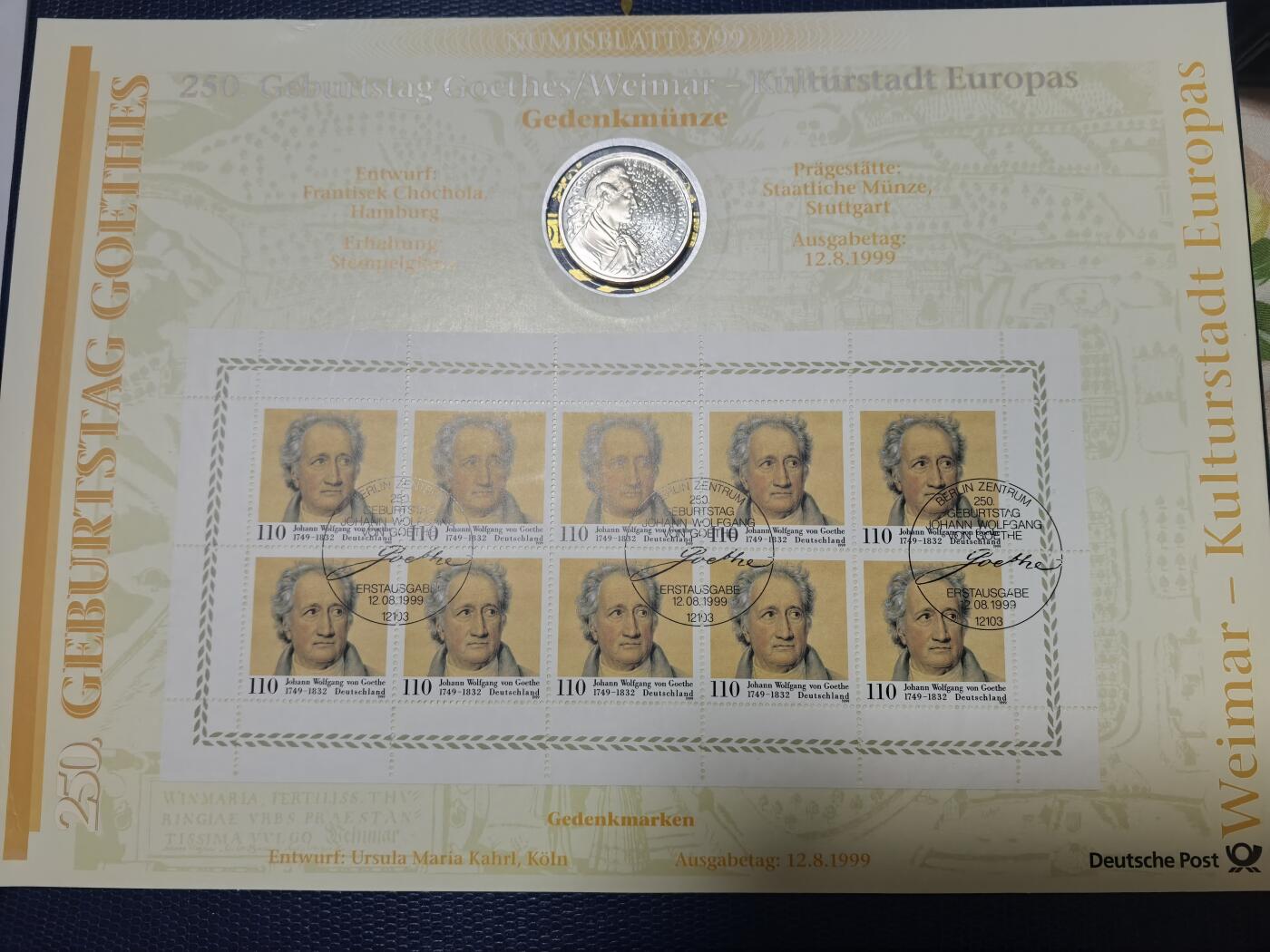 长老汇马年精选第七场拍卖 1999德国歌德诞辰250周年邮币封首日封，含1枚10马克高银银币，15.5克925银