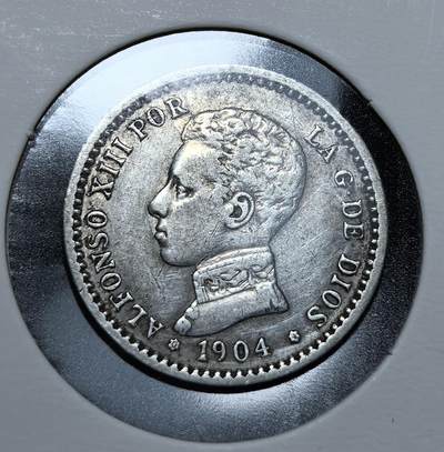 外国优质老铜币银币苏联纪念章，每周六晚九点倒数截拍，满百包邮可寄存，持续收拍 - 西班牙阿方索十三世1904年50分银币，由马德里皇家造币厂铸造。币面刻有少年国王头像与国徽，属当时流通辅币，1939 年停用，承载了波旁王朝晚期的西班牙历史。