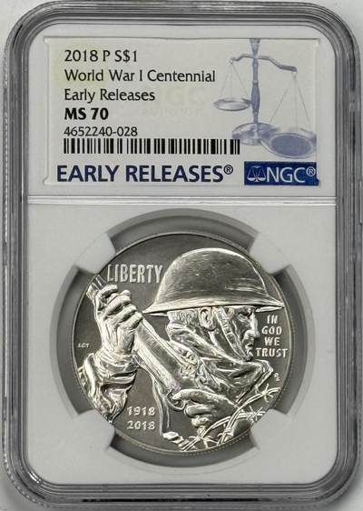 S&S Numismatic世界钱币-拍卖 第121期  - 美国2018年 第一次世界大战百年 1美元纪念银币 26.73克900银 NGC MS70首期蓝标