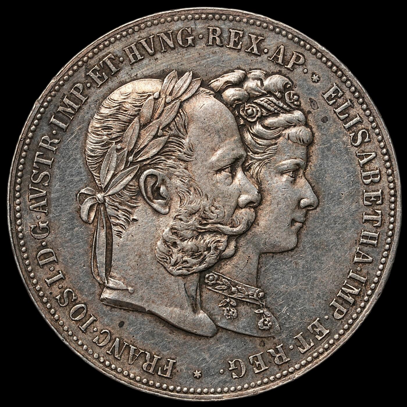 修遠堂世界钱币第106期，请看参拍说明 1879 年奥匈帝国皇帝弗朗茨・约瑟夫一世与皇后茜茜公主银婚纪念2弗洛林大银币
