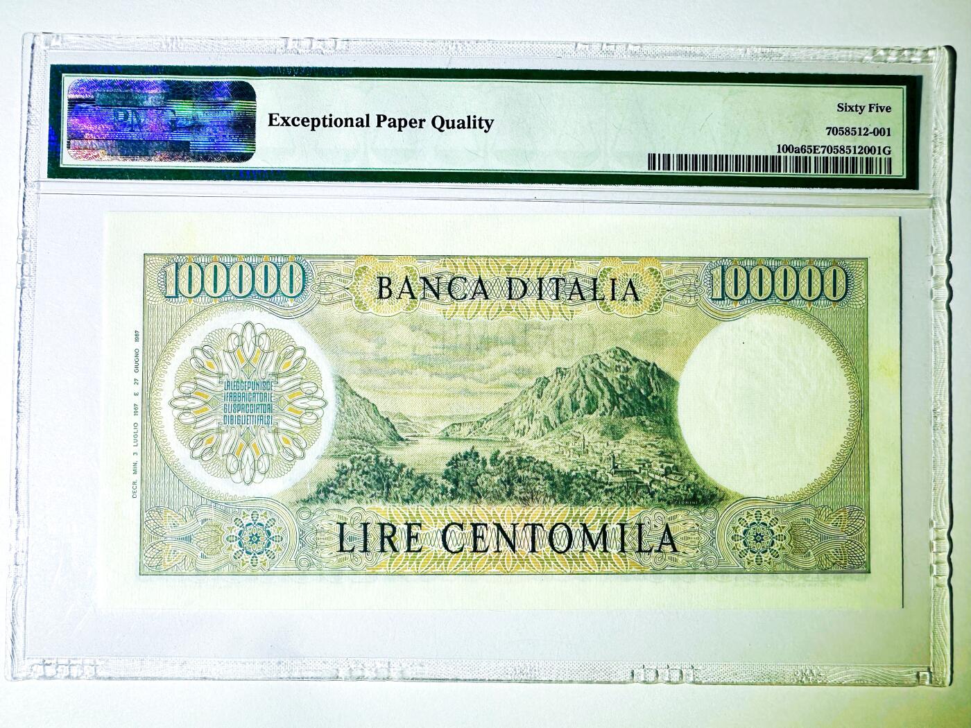  【Blue Auction】世界纸币精拍第791期——18级TOP拍卖/信誉/品质/专业/高效💫  【a版初版】意大利 1967年10万里拉 曼左尼经典 顶级雕刻 PMG65EPQ 老壳 