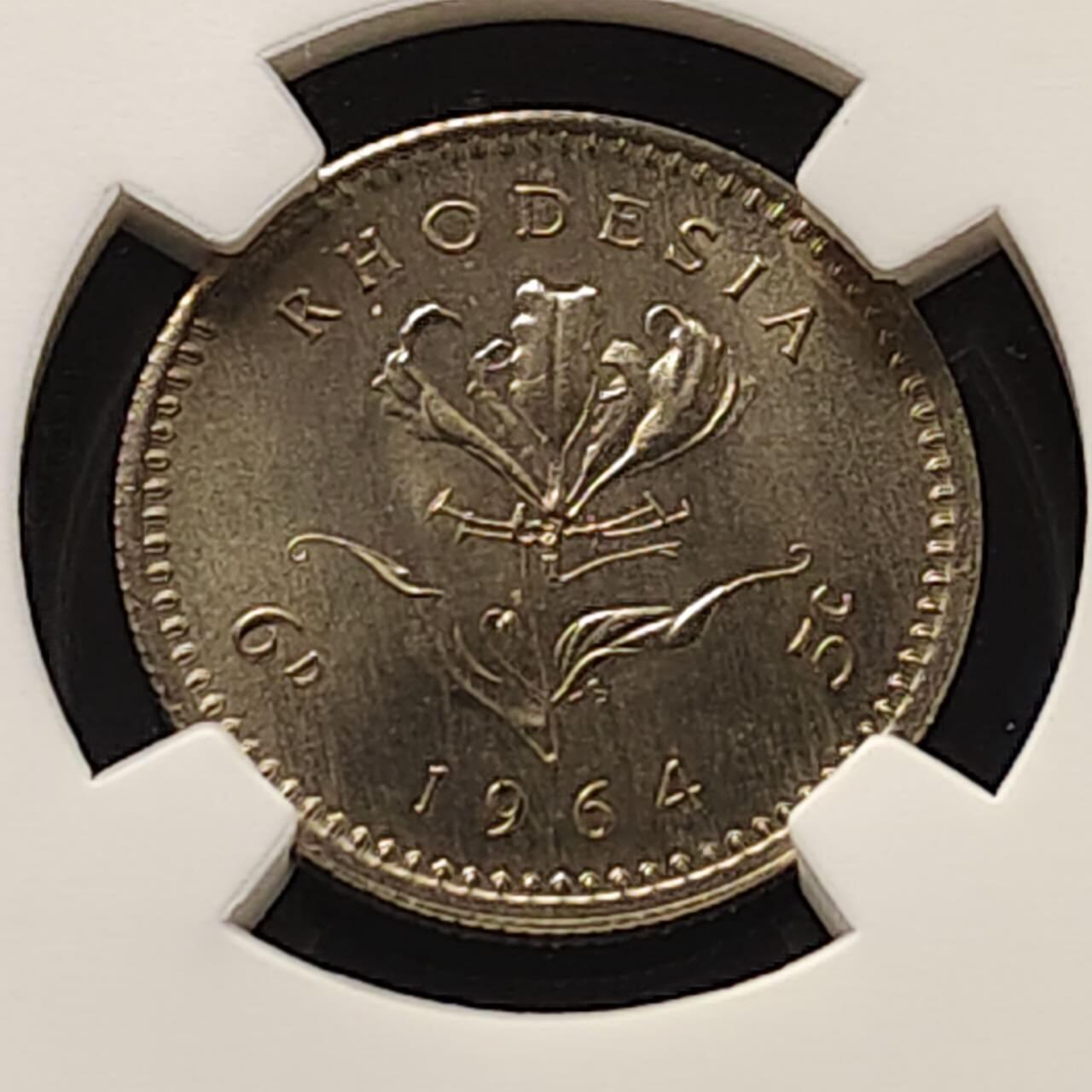 【全场包邮】纯粹捡漏拍509场 【收藏级】英属罗德西亚1964年女王5分/6便士双面值精制币-量2080-NGC PF64