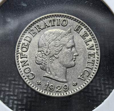 外国优质老铜币银币苏联纪念章，每周六晚九点倒数截拍，满百包邮可寄存，持续收拍 - 瑞士1929年5生丁，属于瑞士联邦流通辅币。正面为头戴冠冕的自由女神头像；背面葡萄花环象征丰收，是近代瑞士法郎体系的经典代表。