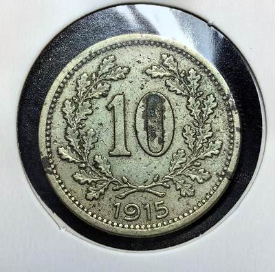 外国优质老铜币银币苏联纪念章，每周六晚九点倒数截拍，满百包邮可寄存，持续收拍 - 奥匈帝国1915 年10 赫勒，正面双头鹰是帝国象征，背面橡叶环饰数字与年份，见证帝国晚期通胀与解体前的动荡。