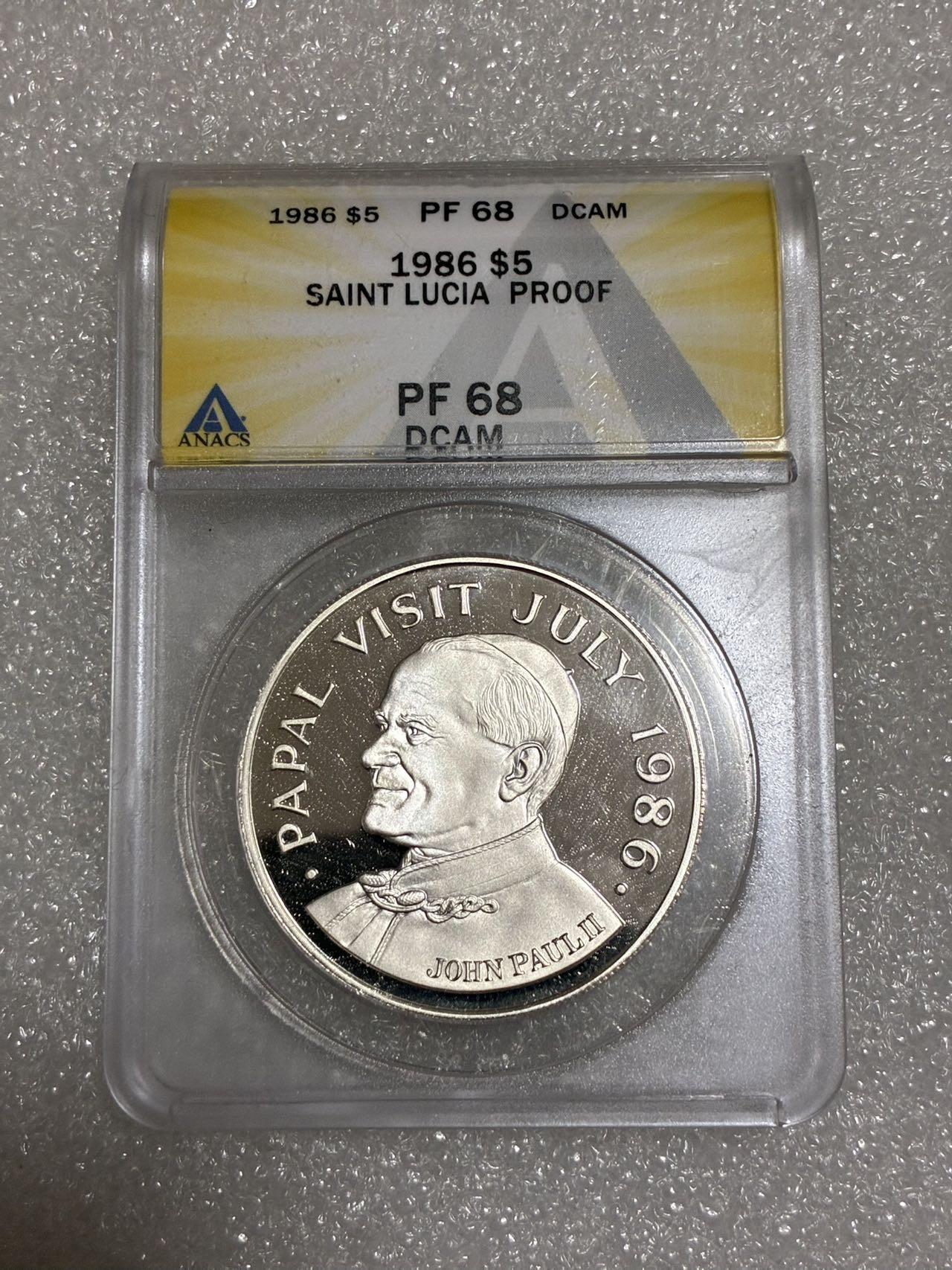 ANACS PF68 少见2120枚 圣卢西亚 1986年 5元 教皇 纪念银币