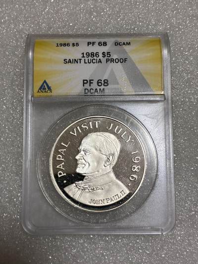 ANACS PF68 少见2120枚 圣卢西亚 1986年 5元 教皇 纪念银币 - ANACS PF68 少见2120枚 圣卢西亚 1986年 5元 教皇 纪念银币