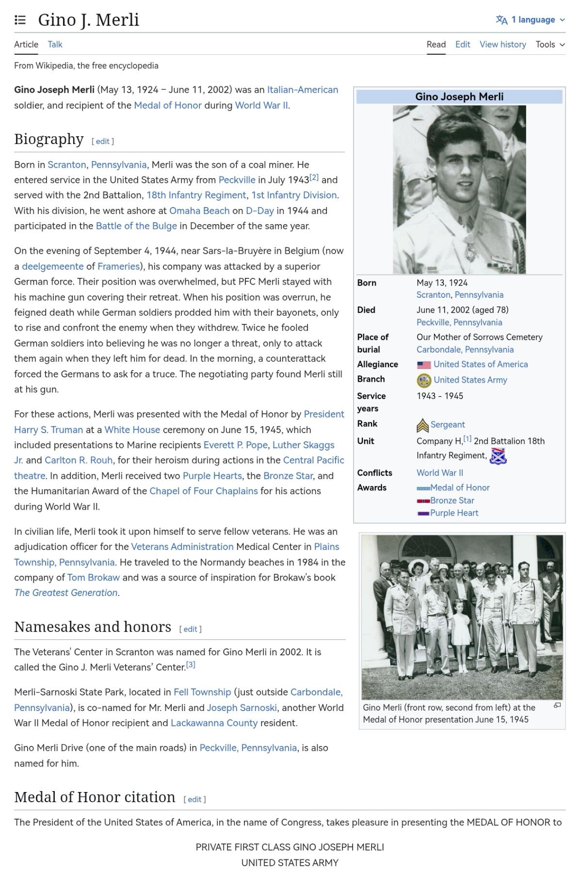 小驴勋章奖章收藏3月7日周六晚六点拍卖（珍爱和平，收藏战争，铭记历史，勿忘国耻，忠党爱国。有偿代拍，送拍规则在简介最后，参拍须阅读规则后再参拍，关系到运费包装发货时效真假辨别等关键信息，拍卖时不再发原图，看大图店主微信码在拍卖店铺介绍里） 二战美国陆军大红一师机枪手，诺曼底登陆作战，荣誉勋章获得者吉诺·约瑟夫·梅尔利中士战后三签名回信，信中有三个亲签，打印的戎装像，荣誉勋章证书内容，美军二战期间一共颁发472枚荣誉勋章，比骑士铁十字少很多，eBay参考价150美金不含邮