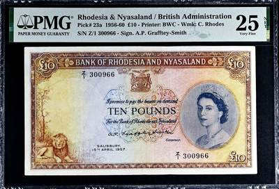  【Blue Auction】世界纸币精拍第791期——18级TOP拍卖/信誉/品质/专业/高效💫 - 【Z/1冠66尾无47 珍品】罗德西亚和尼亚萨兰 1957年10镑 大冠女王 该套最高值 BWC雕刻 此钞堪称英联邦钞票中最具名气的一款，其高昂面额、珍罕程度及华美设计造就了非凡魅力。从最微小的正面狮子细节到背面的大幅象群雕刻，都可一窥充满非洲特色的巧思和构图。该张没有全新存世，任何品相都非常珍罕，本张状态佳不影响欣赏性价比极高，凑套常缺此张，机会难得（8年前一张非常烂的同分都拍了4800美金）