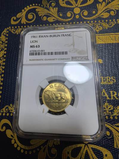 长老汇马年精选第七场拍卖 - 1961卢旺达狮子1法郎铜镍币，NGC 63，季军，更高7枚