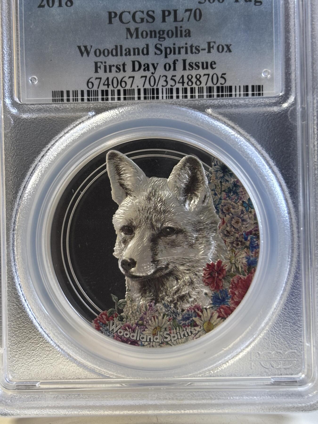 第192期拍卖 蒙古2018年森林精灵系列精灵狐狸1盎司纪念银币PCGS-PL70首带证书，1盎司，999银，发行1500枚