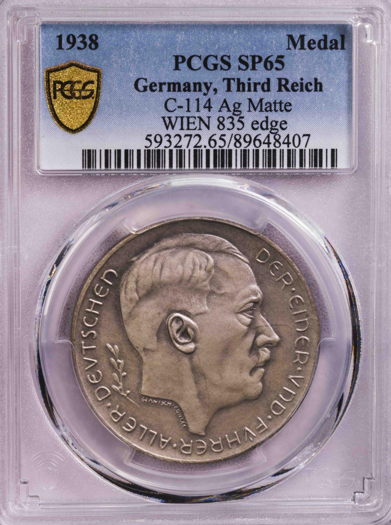PCGS-SP65 1938德国小胡子吞并奥地利银章