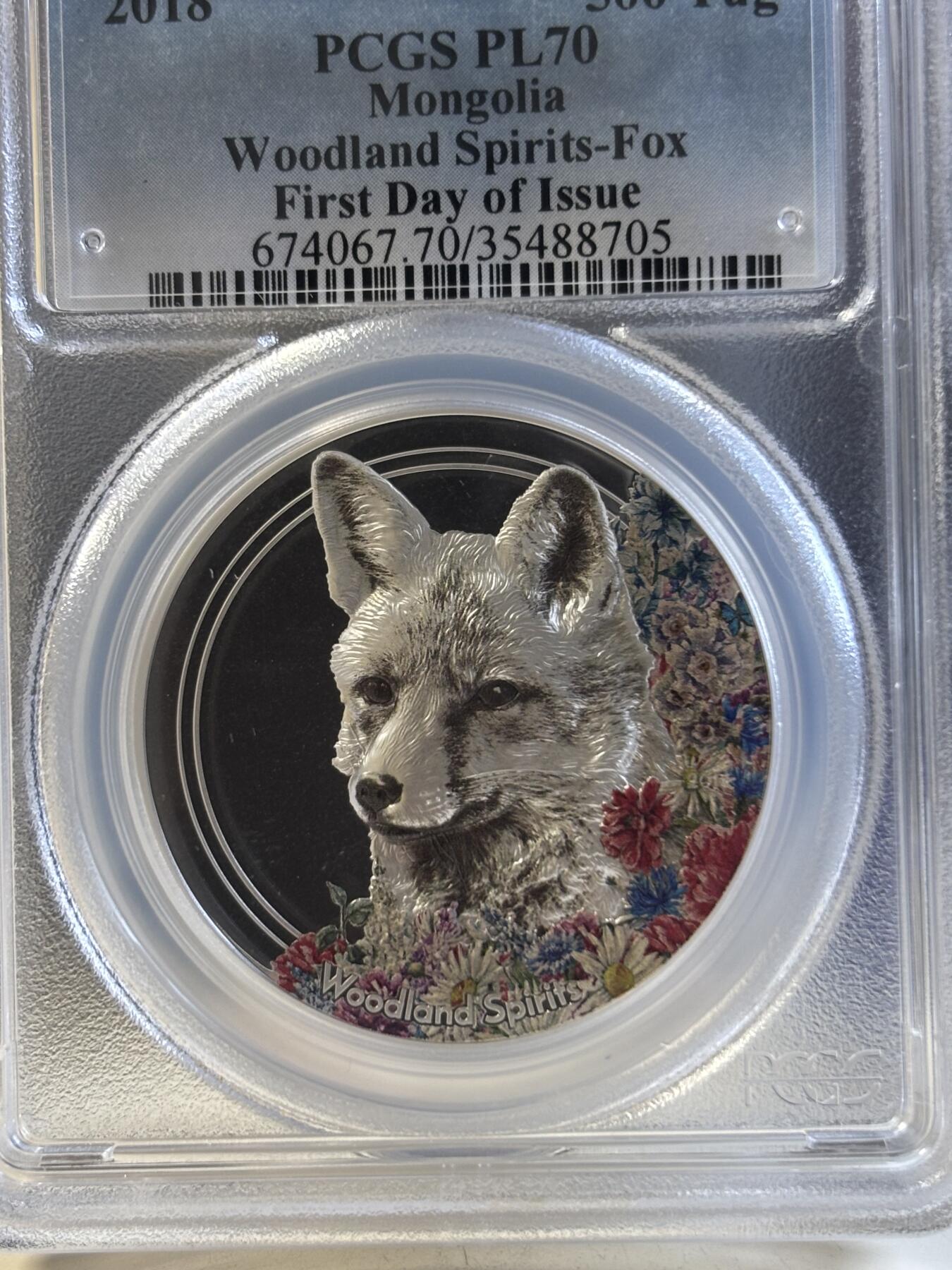 第192期拍卖 蒙古2018年森林精灵系列精灵狐狸1盎司纪念银币PCGS-PL70首带证书，1盎司，999银，发行1500枚