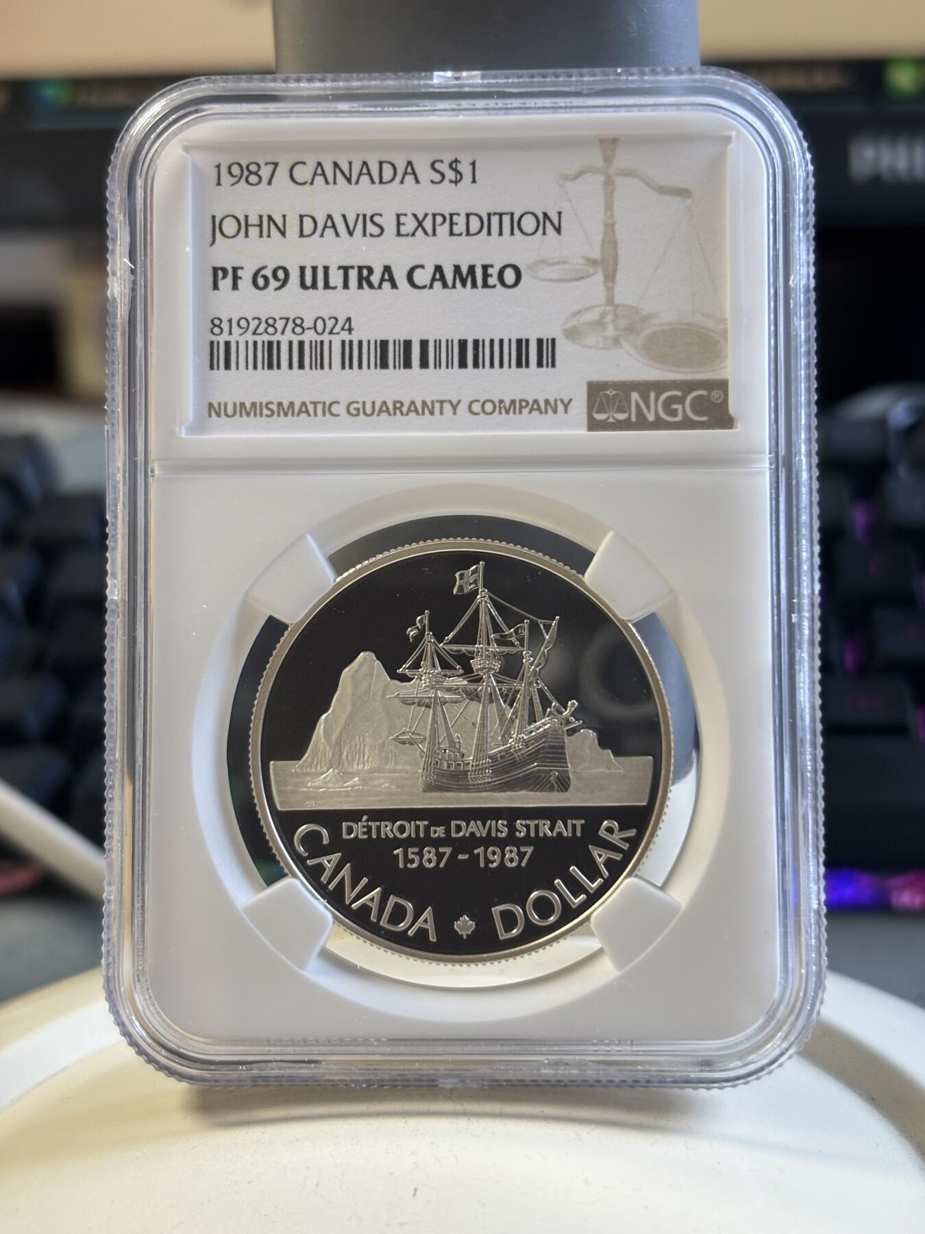 第192期拍卖 获奖币 加拿大1987年戴维斯海峡发现400周年纪念银币 NGC-PF69,500银，23.3276克，1988年克劳斯最佳银币